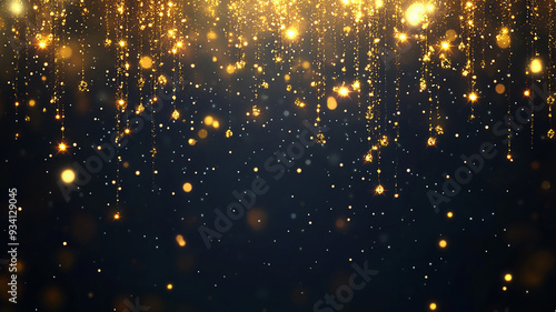 Gold glitter falling against a dark background. photo