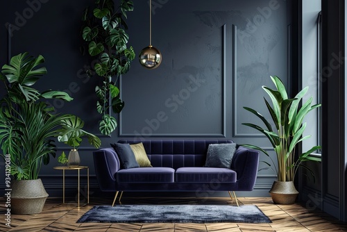 Modern lounge: blue-gray walls, dark purple couch, plants, golden details, modern glamour style