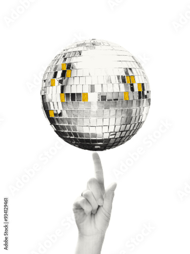 Shiny disco ball spinning on finger halftone collage vector illustration. Cut out of a magazine hand and party festive symbol. Trendy modern retro element with gold glitter decoration