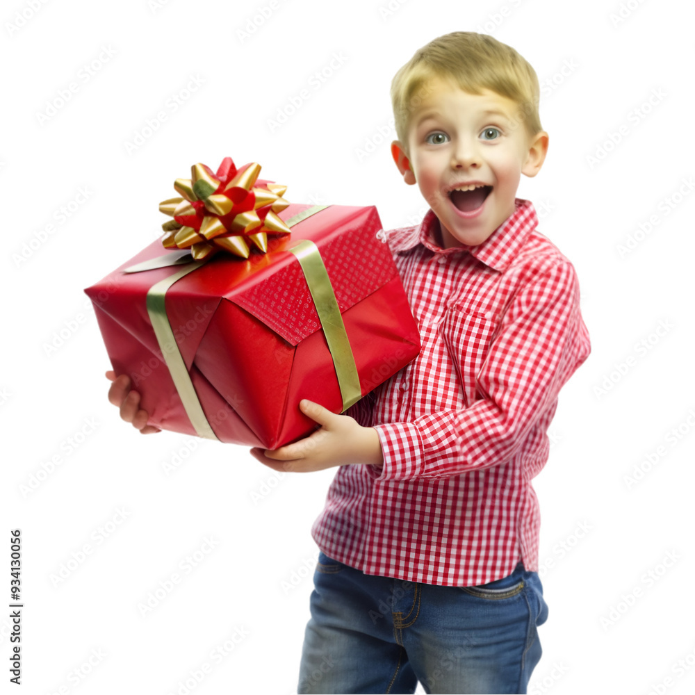 Happy child in red sweater and Santa hat holding Christmas present Happy child in red sweater and Santa hat holding Christmas present