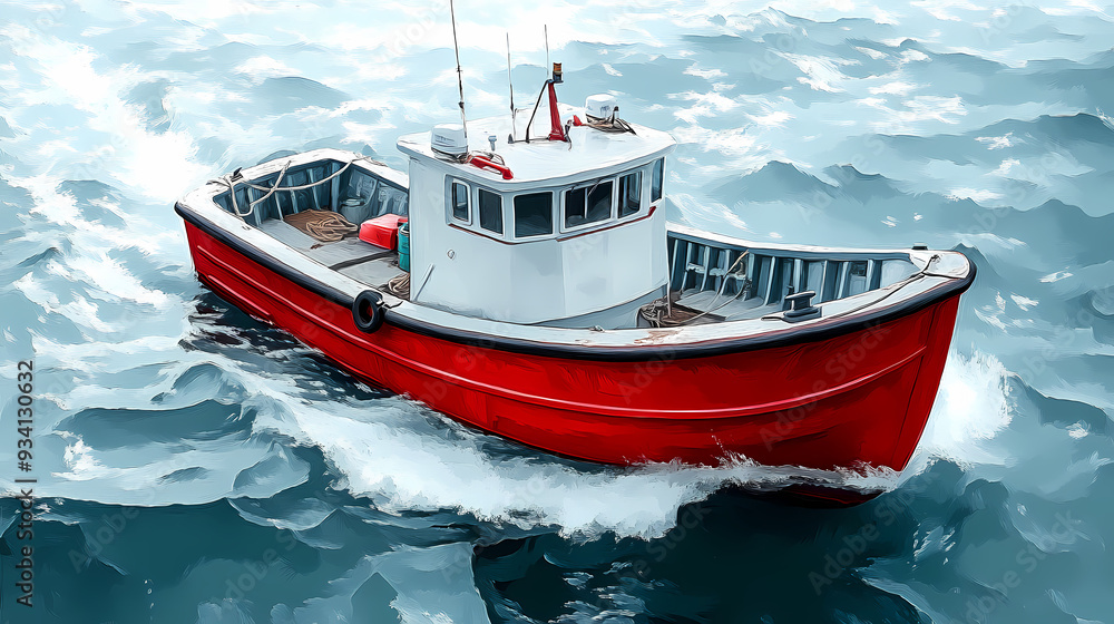 Fototapeta premium Dynamic Illustration of an Orange Fishing Boat Navigating Choppy Ocean Waves, Stylized Marine Vessel with Vibrant Colors and Nautical Adventure Theme