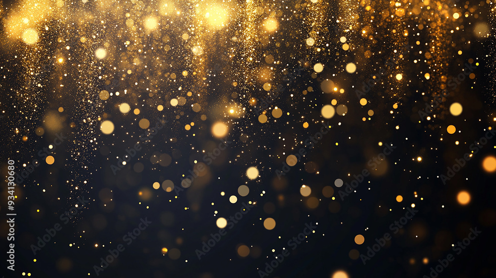 Gold glitter falling against a dark background. Gold glitter falling against a dark background.