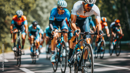 Cycling race. A group of cyclists on bicycles rides along a beautiful road against the backdrop of sunset. Sports background for design. Road cycling.