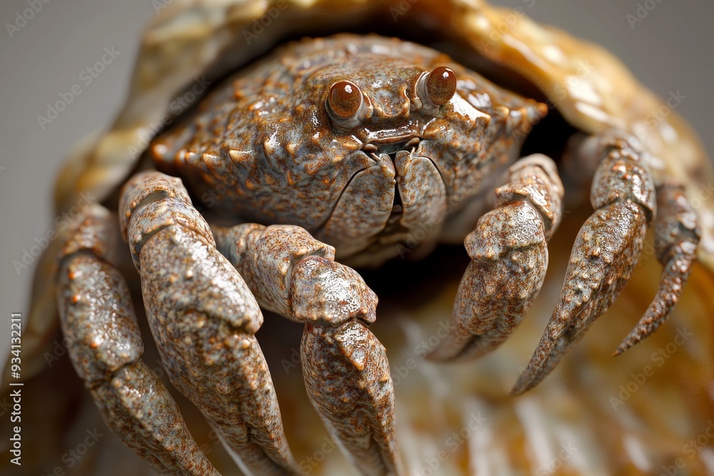 Hermit Crab Close-Up: A Tiny Creature with a Big Personality - A hermit crab peeks out from its shell, its beady eyes and strong claws highlighting its protective nature and resilience. The intricate Hermit Crab Close-Up: A Tiny Creature with a Big Personality - A hermit crab peeks out from its shell, its beady eyes and strong claws highlighting its protective nature and resilience. The intricate
