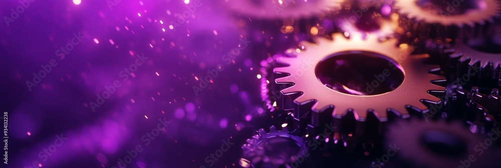 Interlocking Gears with Purple Bokeh Lights - A close-up of interlocked metal gears against a purple bokeh background, symbolizing teamwork, precision, progress, innovation, and interconnectedness. Interlocking Gears with Purple Bokeh Lights - A close-up of interlocked metal gears against a purple bokeh background, symbolizing teamwork, precision, progress, innovation, and interconnectedness.