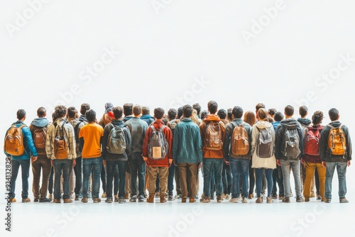 side,back and front view of a large group of people dressed in sports and casual clothes on white background, Generative AI