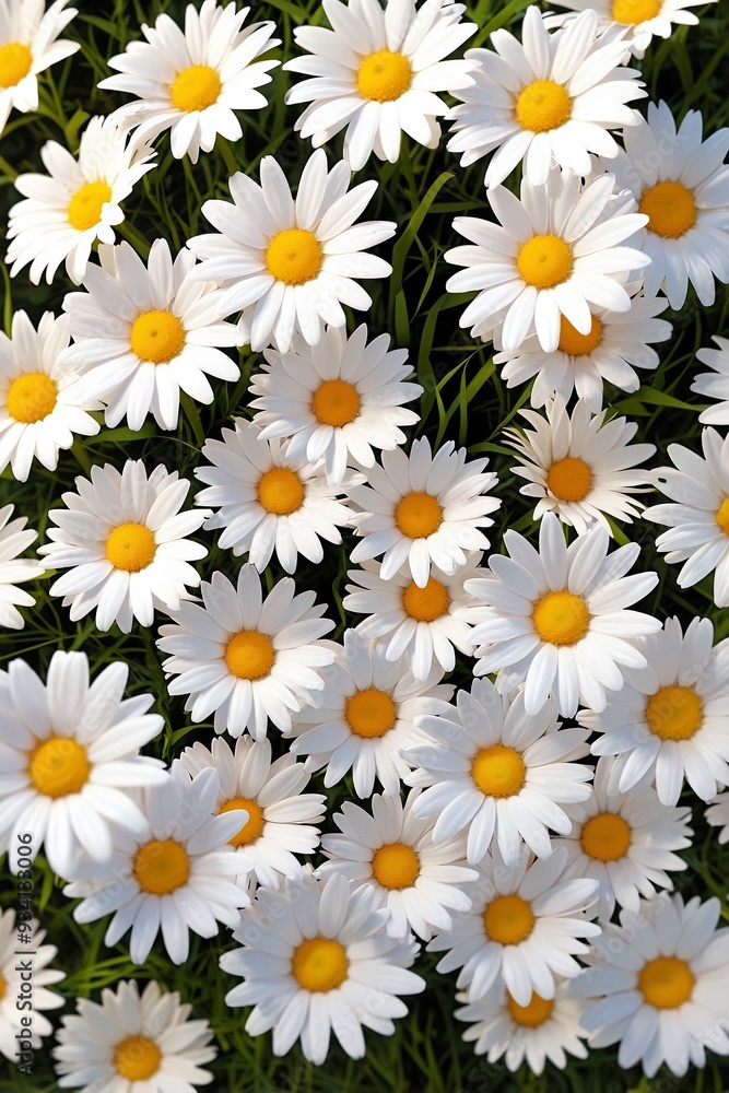 Sunny Daisy Background: Top View of Bright White and Yellow Petals on Green Grass Sunny Daisy Background: Top View of Bright White and Yellow Petals on Green Grass