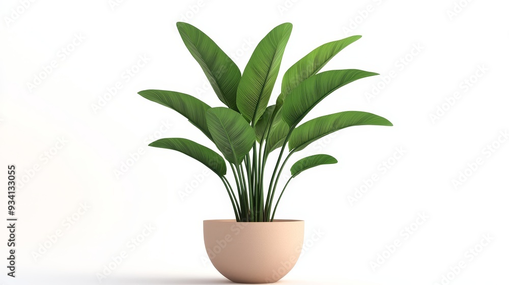Lush Green Tropical Plant in a Pot on a White Background - A vibrant tropical plant with large green leaves stands tall in a light brown pot against a clean white background. This image embodies growt