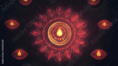 Diya with flame glowing mandala on dark background. photo