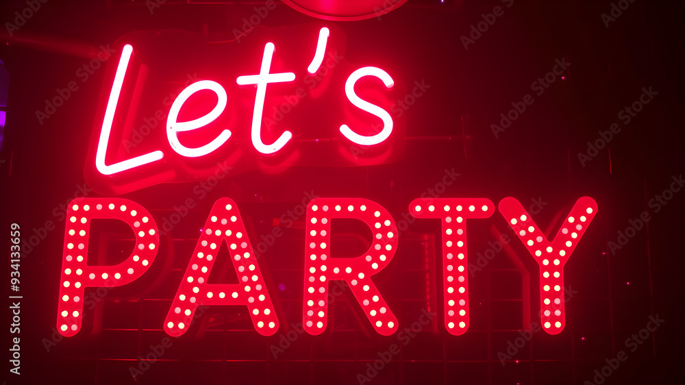 “Let’s Party” text in a neon light font with a nightclub theme ...
