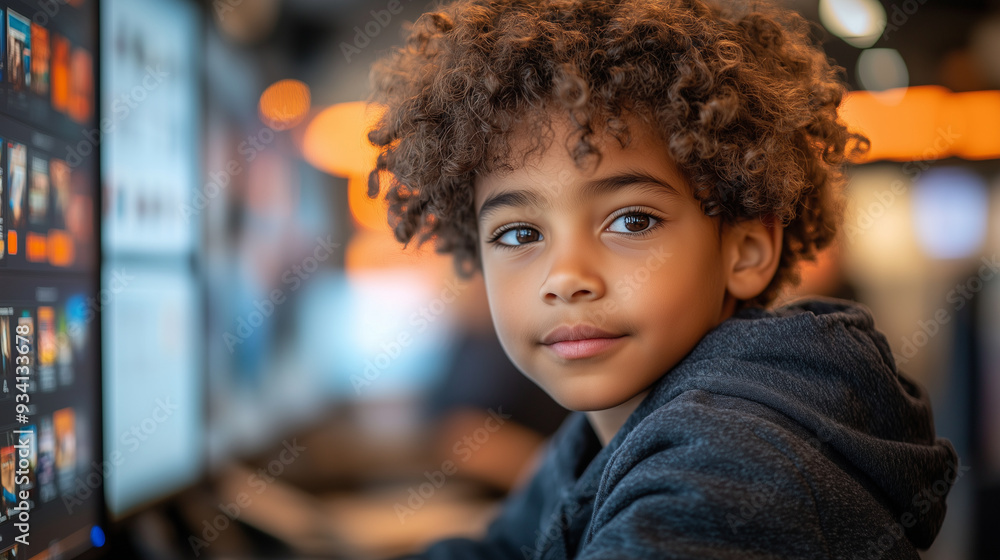 A young boy participating in a digital workshop on how to identify fake news, with interactive exercises and visual cues guiding his learning. A young boy participating in a digital workshop on how to identify fake news, with interactive exercises and visual cues guiding his learning.