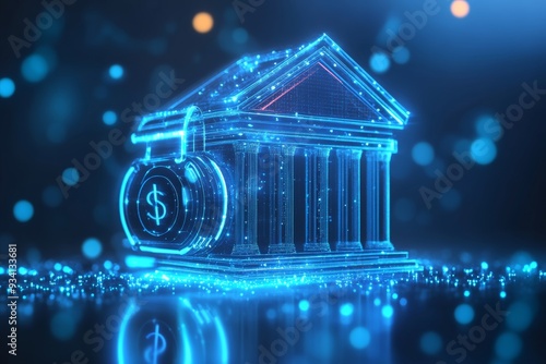 Glowing blue digital bank icon on blue background with mock up place. 