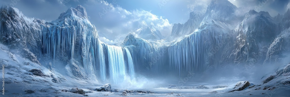 Majestic Frozen Waterfall in a Mountain Range - A stunning frozen waterfall cascades down a massive icy mountain range, representing the power of nature, winter serenity, and the beauty of frozen land Majestic Frozen Waterfall in a Mountain Range - A stunning frozen waterfall cascades down a massive icy mountain range, representing the power of nature, winter serenity, and the beauty of frozen land
