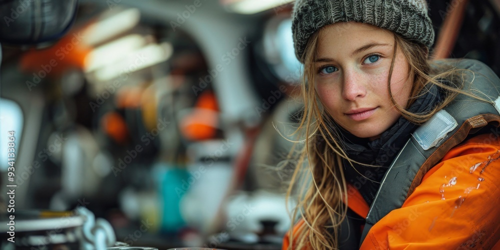 Young Woman in a Boat with Determined Gaze Young Woman in a Boat with Determined Gaze