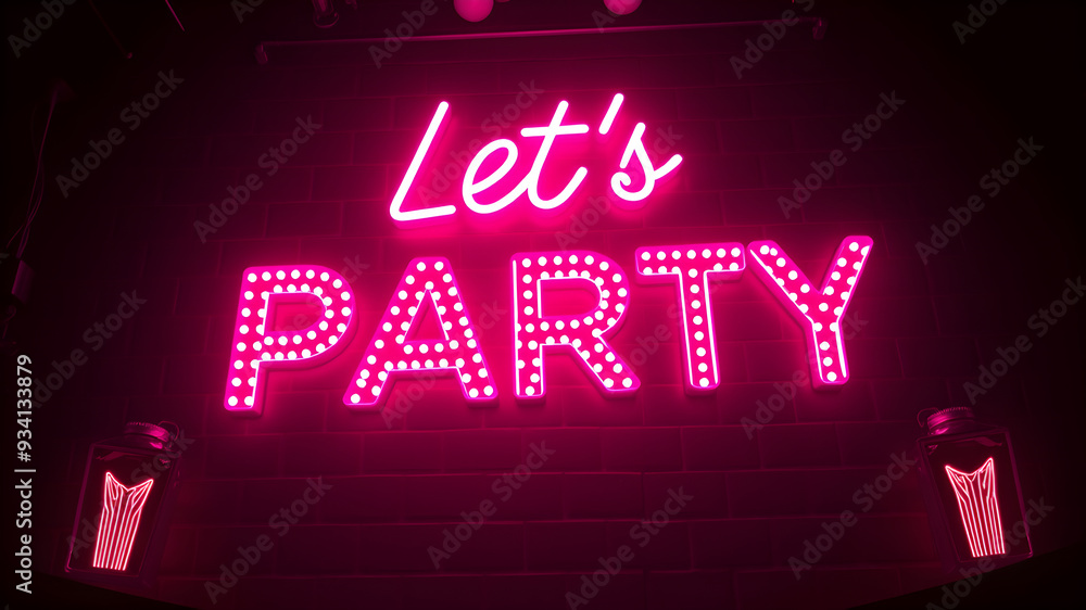 “Let’s Party” text in a neon light font with a nightclub theme. Generative AI “Let’s Party” text in a neon light font with a nightclub theme. Generative AI