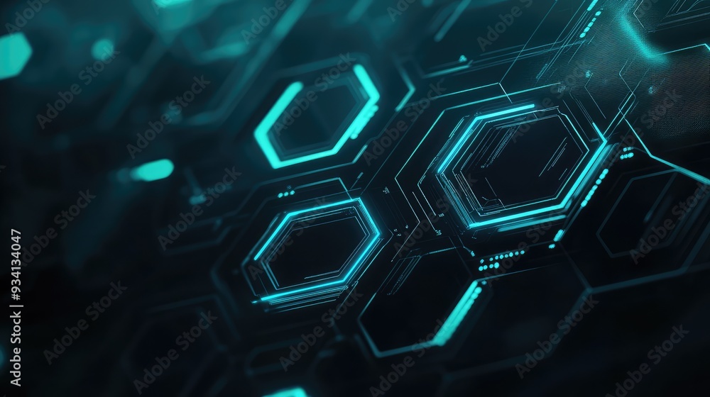Futuristic tech background with hexagonal motifs, circuit lines, dark blues and greys, glowing teal highlights, innovation and style. Futuristic tech background with hexagonal motifs, circuit lines, dark blues and greys, glowing teal highlights, innovation and style.