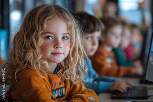 A classroom scene where children are building their own digital avatars, learning about the importance of maintaining privacy and security online.