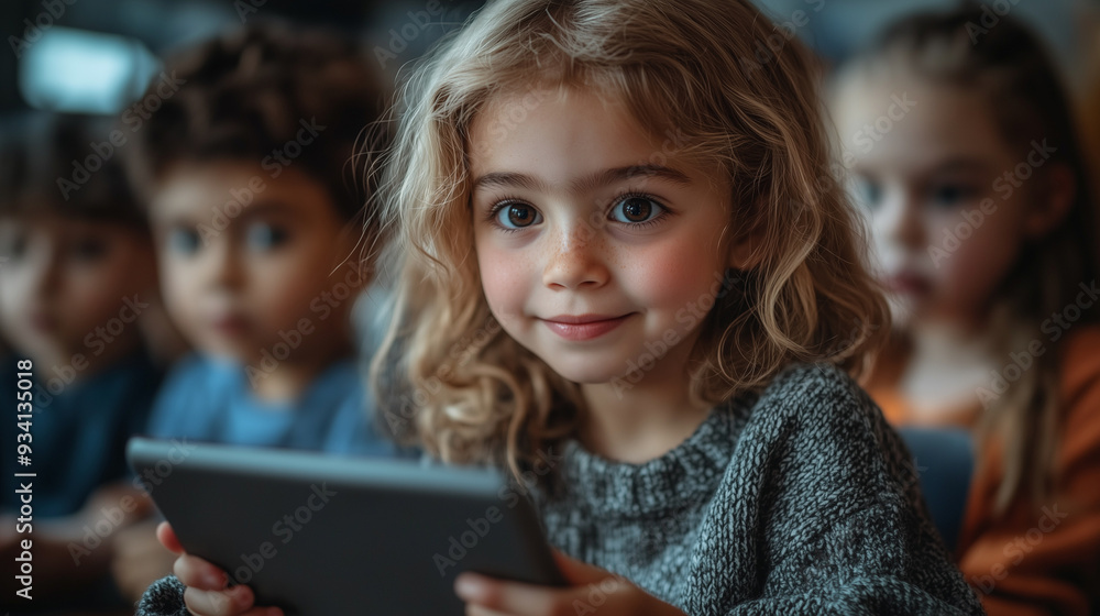 Children gathered around a tablet, learning about online safety with animated characters guiding them through interactive lessons in a bright, futuristic classroom. Children gathered around a tablet, learning about online safety with animated characters guiding them through interactive lessons in a bright, futuristic classroom.
