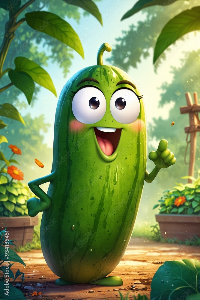 Close-Up of Cartoon Live Cucumber in the Vegetable Garden: An Image Highlighting the Benefits of Vitamins and Healthy Eating