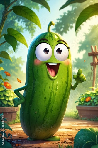 Obraz na płótnie Close-Up of Cartoon Live Cucumber in the Vegetable Garden: An Image Highlighting the Benefits of Vitamins and Healthy Eating w salonie