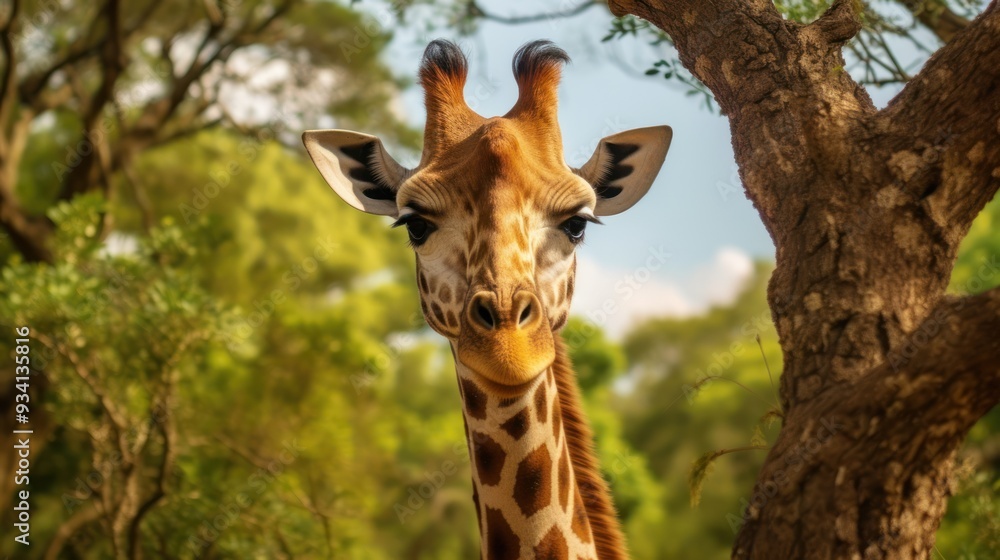 Fototapeta premium Curious Giraffe Portrait in a Lush Forest
