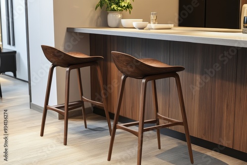 Wallpaper Mural Modern Walnut Bar Stools in a Contemporary Kitchen - Two sleek walnut bar stools sit at a contemporary kitchen island, embodying modern design, functionality, and natural beauty. Torontodigital.ca