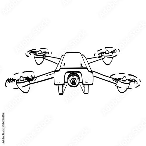 Drawing sketch style illustration of a a drone with camera flying viewed from front  on isolated background done in black and white ilne art.