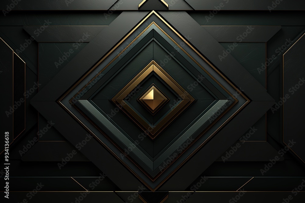 Fototapeta premium Abstract geometric pattern with gold accents on a black background.
