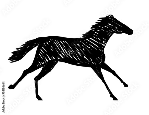Drawing sketch style illustration of a horse stallion or pony racing running galloping side view on isolated background done in black and white ilne art.