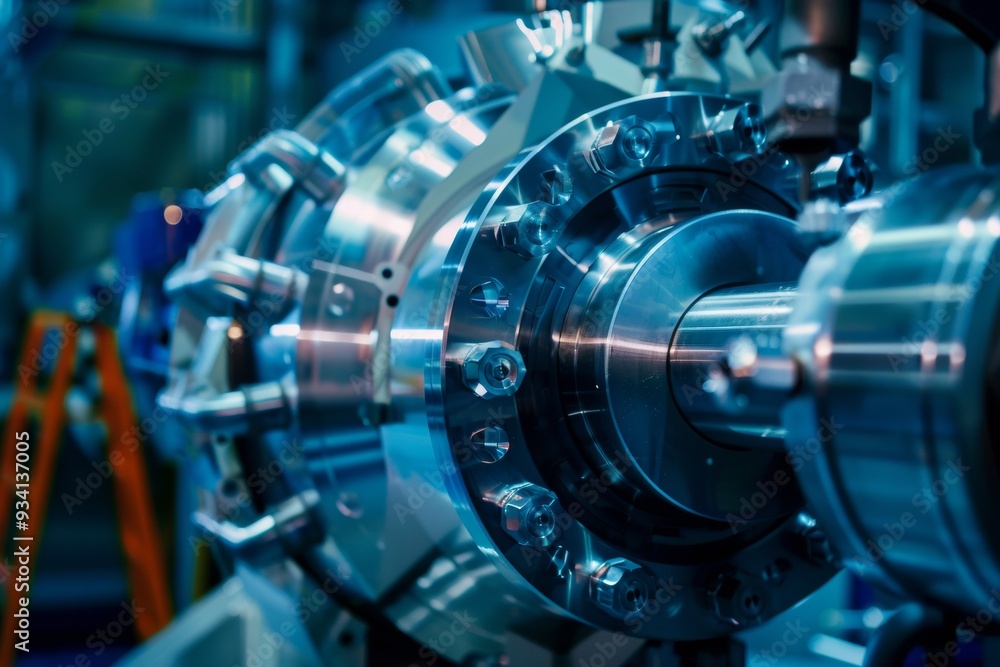 High-tech particle accelerator equipment with glowing lights and intricate metal components, showcasing cutting-edge scientific technology. High-tech particle accelerator equipment with glowing lights and intricate metal components, showcasing cutting-edge scientific technology.
