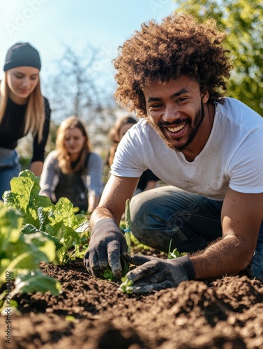 Group of people joyfully working together in a community garden, planting vegetables and cultivating teamwork in a vibrant outdoor setting.