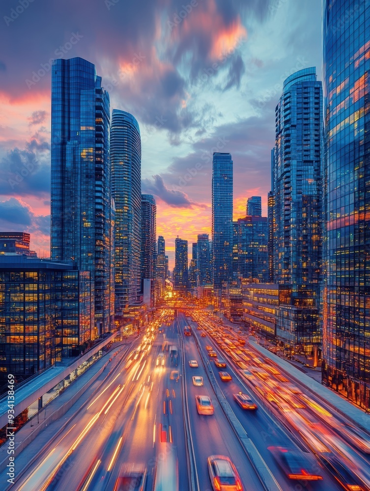 Obraz premium Busy city highway at sunset with long exposure capturing streaks of lights from cars, surrounded by towering modern skyscrapers.