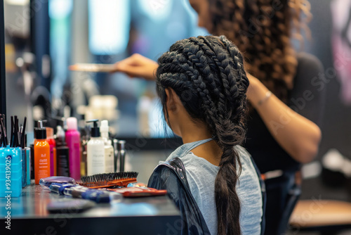 Hair stylist braiding a client's hair in a salon, with various braiding tools and accessories on the counter.