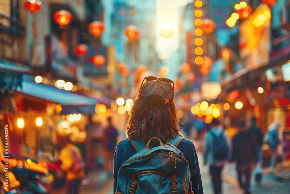 Traveler with a backpack walking through a lively street at night, surrounded by vibrant lights and signs in an Asian city Traveler with a backpack walking through a lively street at night, surrounded by vibrant lights and signs in an Asian city