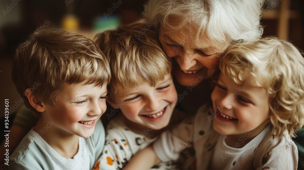 Grandmother joyfully embraces her three grandchildren in a cozy living room setting during afternoon playtime Grandmother joyfully embraces her three grandchildren in a cozy living room setting during afternoon playtime