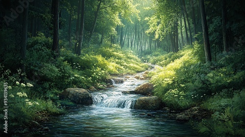 Tranquil Temperate Forest Landscape with Flowing Stream and Vast Sky Copy Space