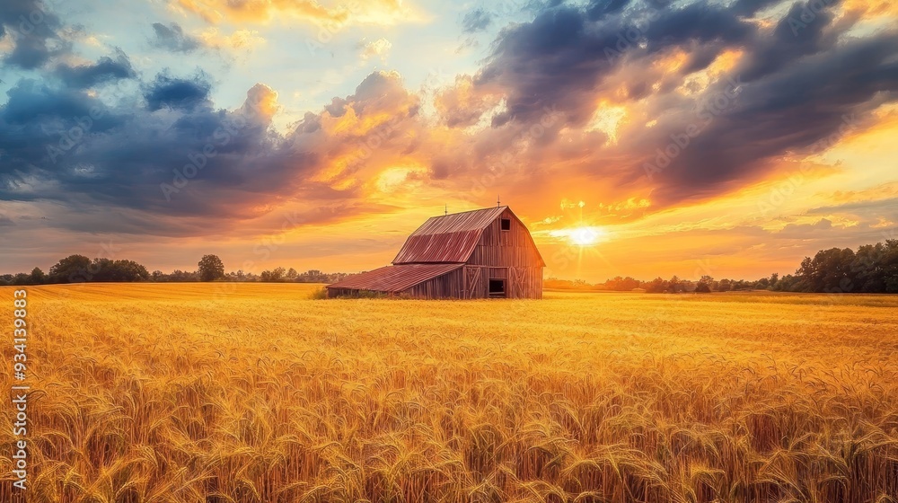 Rustic Barn at Sunset in Golden Field - A solitary red barn stands in a ...