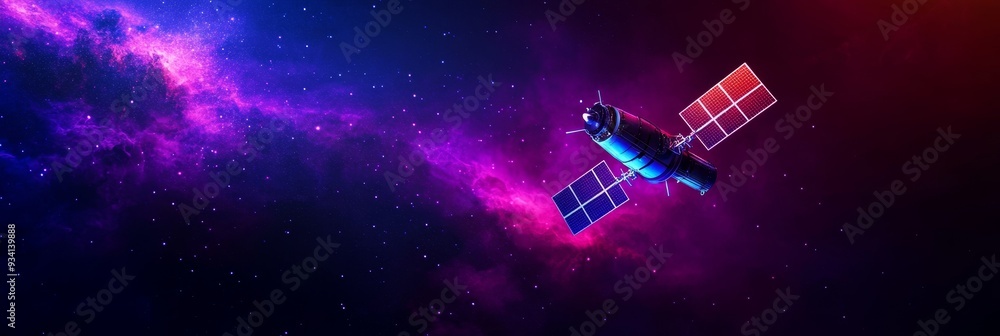 Satellite in Space with Nebula Background - A satellite orbiting in space against a vibrant nebula backdrop, symbolizing exploration, technology, communication, vastness, and the future. Satellite in Space with Nebula Background - A satellite orbiting in space against a vibrant nebula backdrop, symbolizing exploration, technology, communication, vastness, and the future.