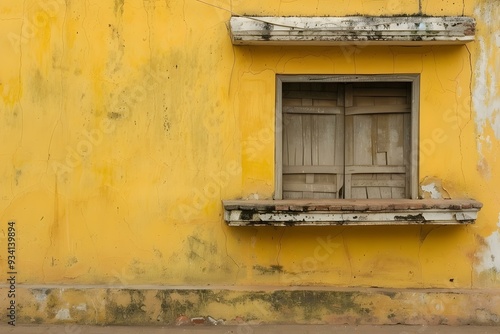 Yellow Wall With Window And Wooden Shutters