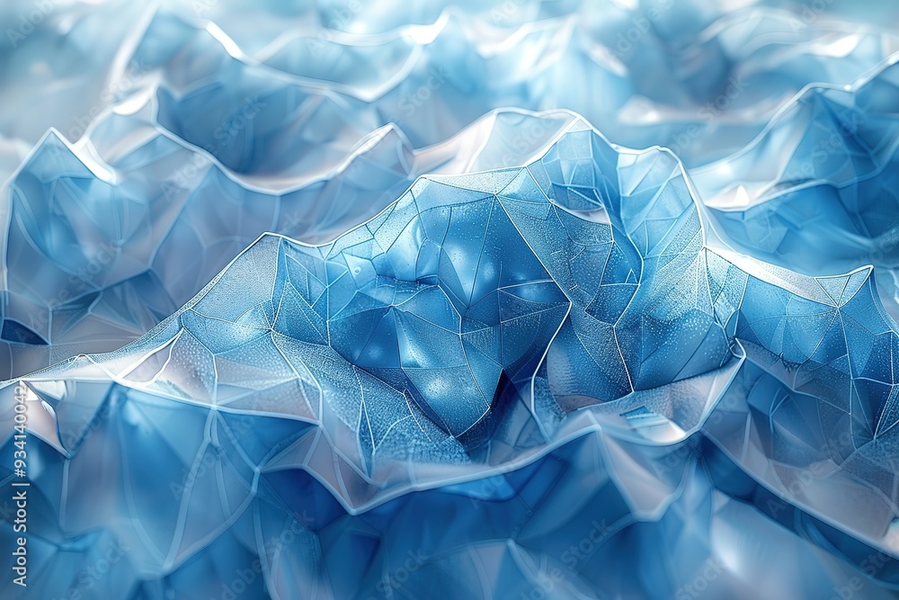 A blue and white image of a mountain range with a blue ocean in the background