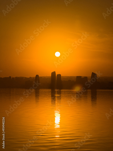 view of baku city from sea at sunse