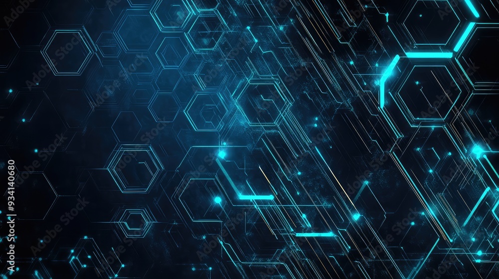 Fototapeta premium Tech background with hexagonal geometry, circuit designs, dark blues, and greys, glowing teal and electric blue details, innovative style.