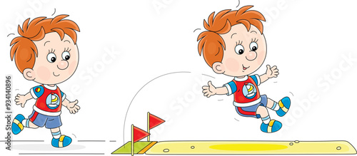 Cheerful little boy in a long jump with a running start in competitions on a sports ground, vector cartoon illustration isolated on a white background