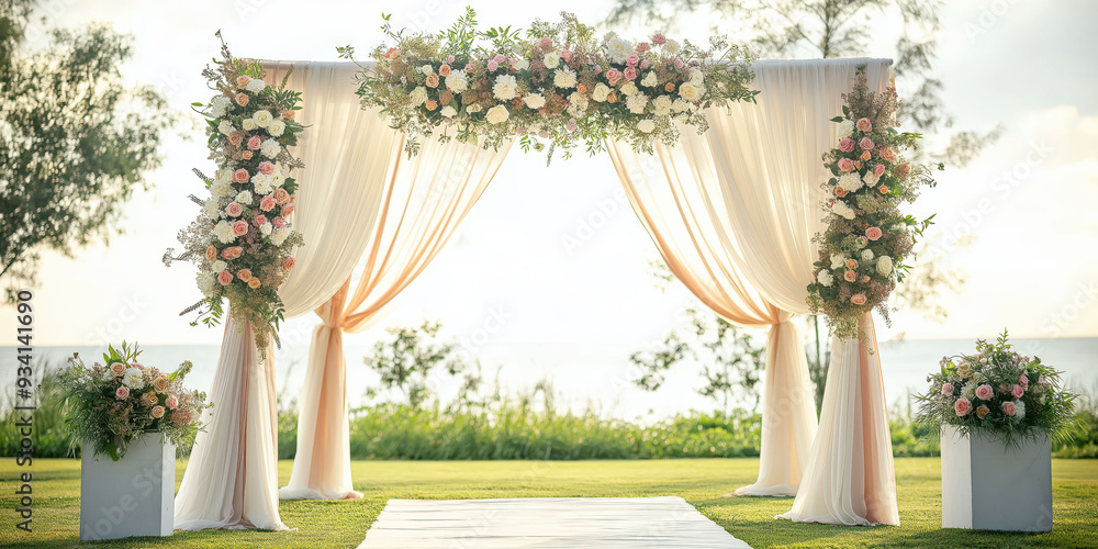 Elegant Outdoor Wedding Ceremony with Flower Arch on Sunny Day Elegant Outdoor Wedding Ceremony with Flower Arch on Sunny Day