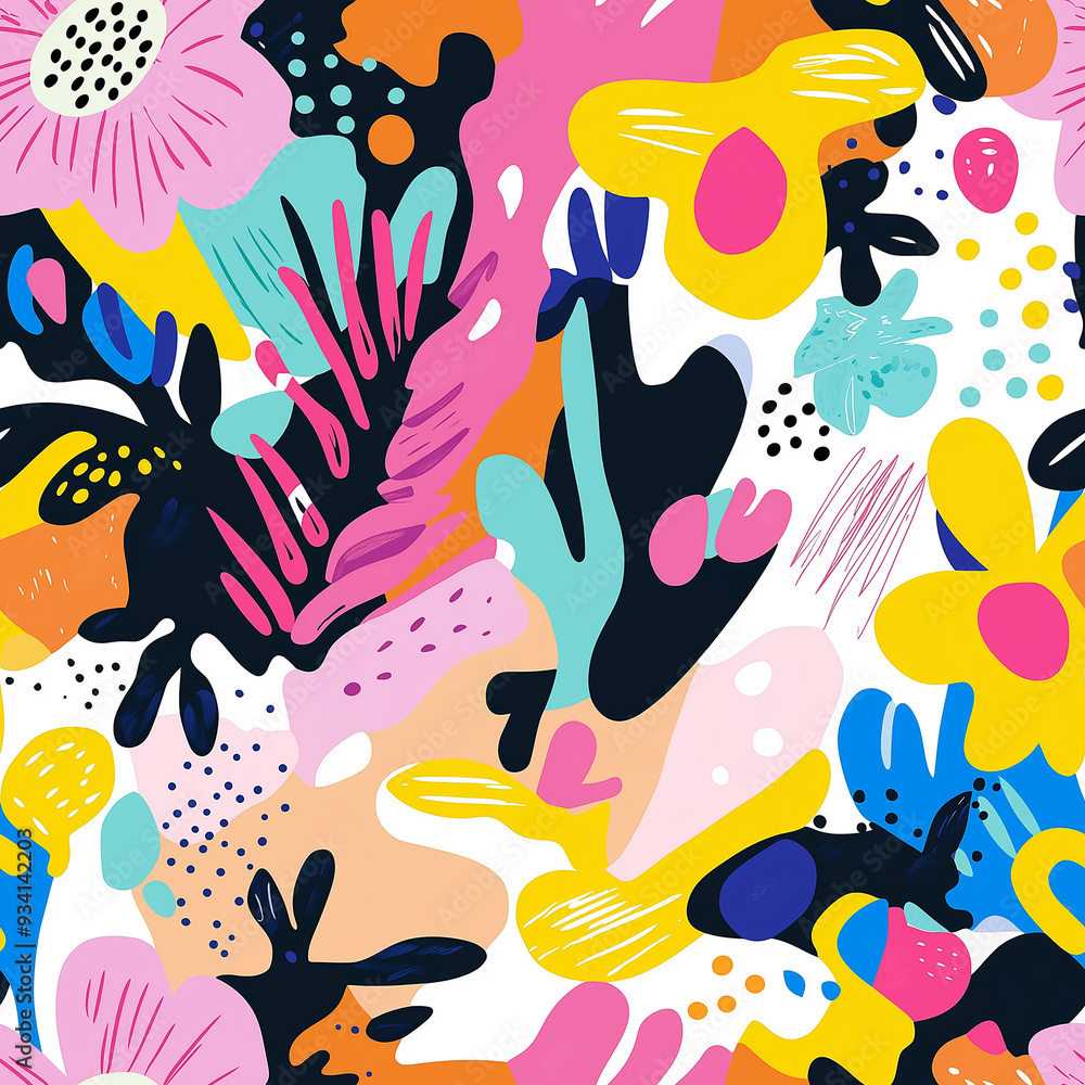 Fototapeta premium A playful, colorful floral pattern with abstract shapes and vibrant hues, evoking a sense of joy and creativity.