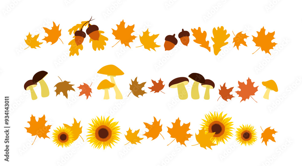 Fall border lines from autumn leaves and mushrooms. Set of autumn leaves pattern line, herbal elements. Fall orange leaves, acorns and sunflowers. Back to School decoration, Halloween, Thanksgiving. Fall border lines from autumn leaves and mushrooms. Set of autumn leaves pattern line, herbal elements. Fall orange leaves, acorns and sunflowers. Back to School decoration, Halloween, Thanksgiving.