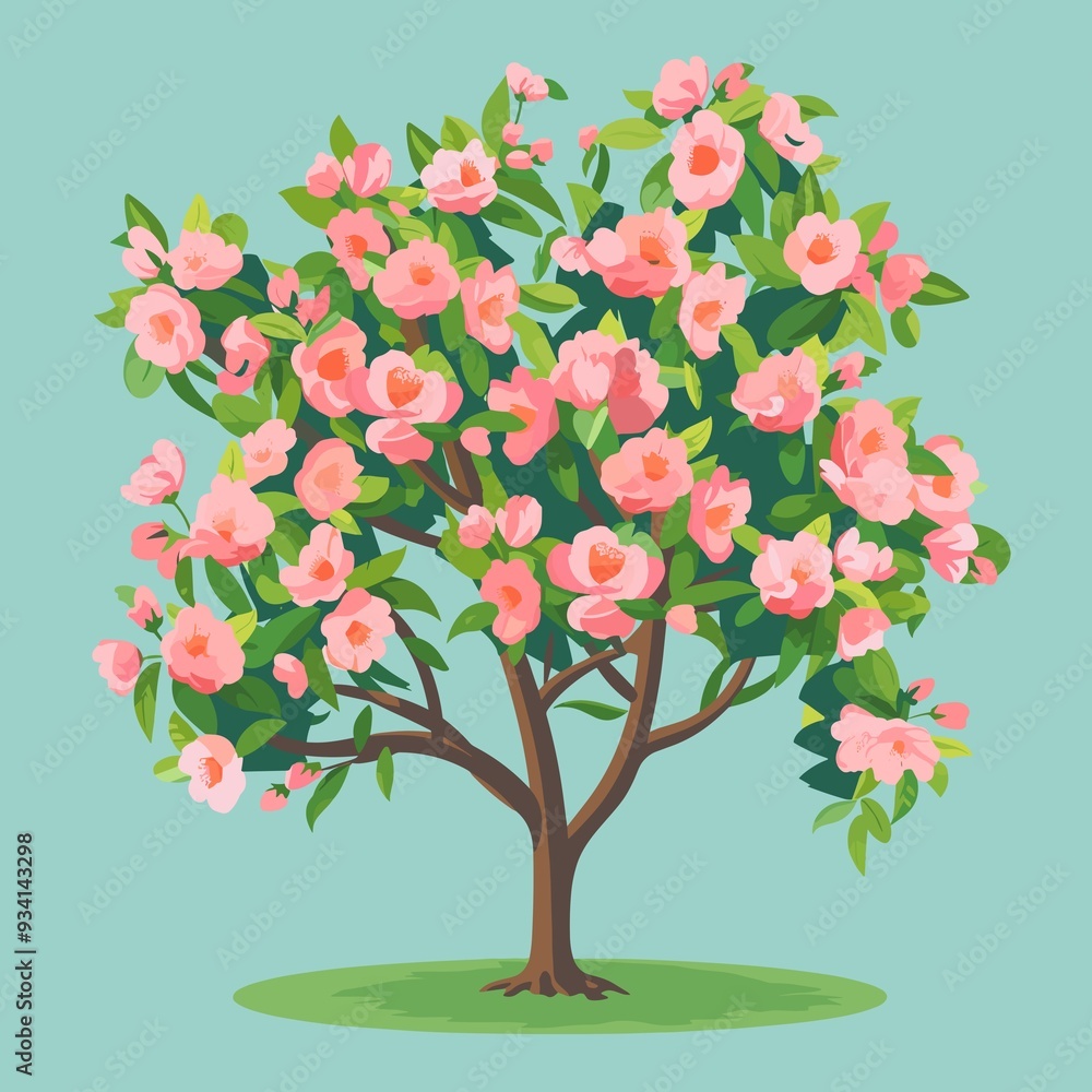 Blooming Pink Floral Tree in Vibrant Illustration Style against Teal Background Blooming Pink Floral Tree in Vibrant Illustration Style against Teal Background