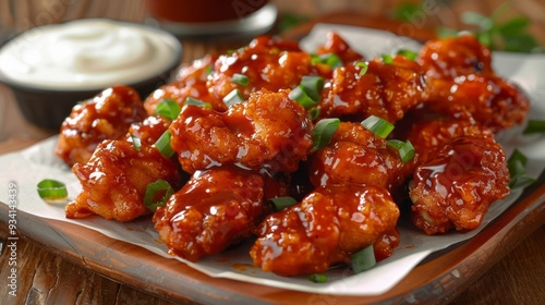 Juicy boneless chicken wings coated in spicy buffalo sauce, garnished with green onions, paired with a smooth, tangy dip for an irresistible bite photo