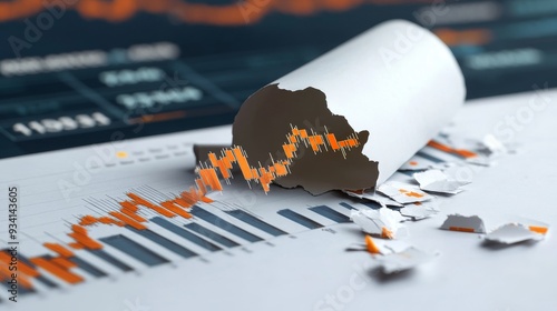 Torn Financial Chart: Market Crash Concept - A torn piece of paper with a financial chart printed on it is scattered across a desk, symbolizing market volatility, economic uncertainty, and the fragili photo