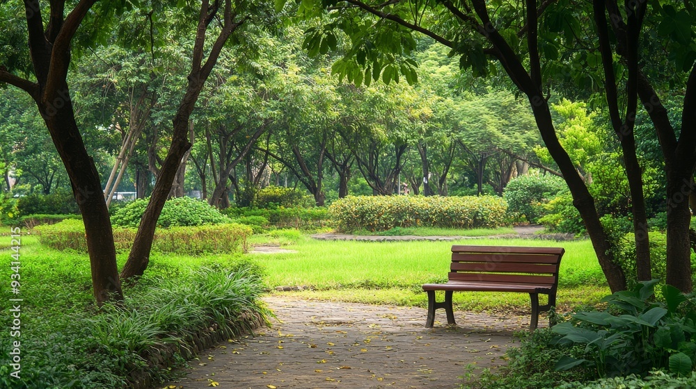 Tranquil Bench in Lush Green Park - A wooden bench sits invitingly on a paved path, surrounded by a vibrant green park. The sun filters through the leaves of towering trees, casting dappled light on t Tranquil Bench in Lush Green Park - A wooden bench sits invitingly on a paved path, surrounded by a vibrant green park. The sun filters through the leaves of towering trees, casting dappled light on t